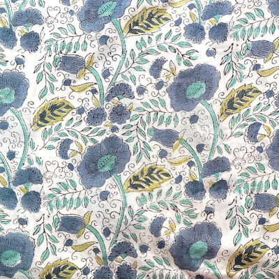 Blue and Teal Floral Print on Hand Block Print