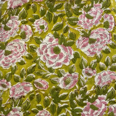Pink Flowers on Chartreuse | Hand Block Print